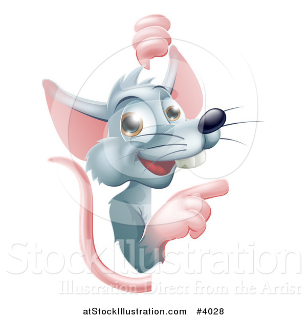 Vector Illustration of a Happy Gray Rat Pointing Around a Sign