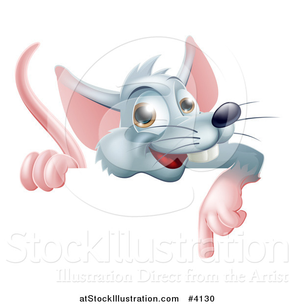 Vector Illustration of a Happy Gray Rat Pointing down at a Sign