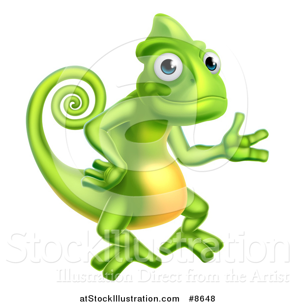 Vector Illustration of a Happy Green Chameleon Lizard Presenting