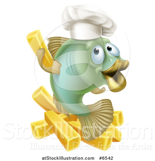 Vector Illustration of a Happy Green Chef Cod Fish Holding up a French Fry over Chips