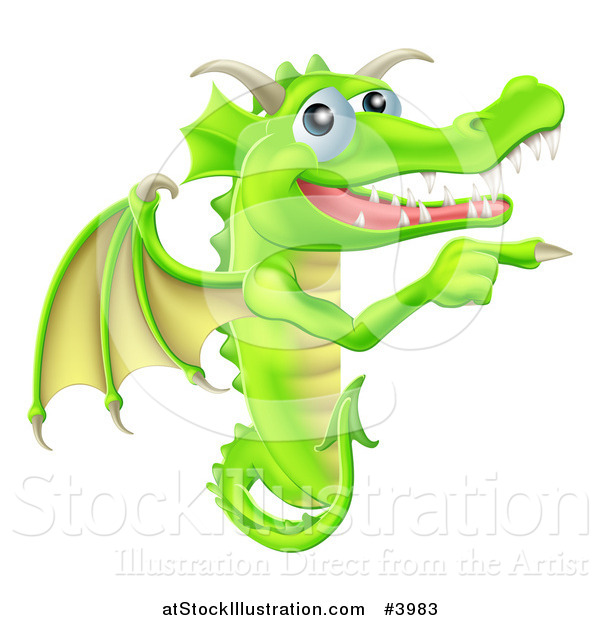 Vector Illustration of a Happy Green Dragon Pointing at a Sign