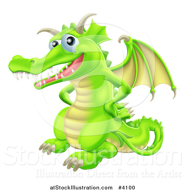 Vector Illustration of a Happy Green Dragon with His Hands on His Hips