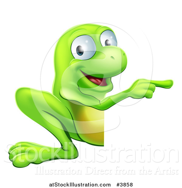 Vector Illustration of a Happy Green Frog Pointing to a Sign