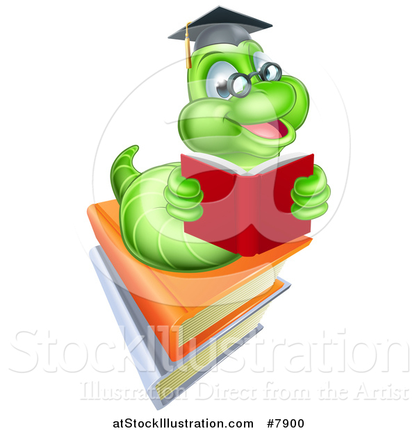 Vector Illustration of a Happy Green Professor or Graduate Earthworm Reading on Books
