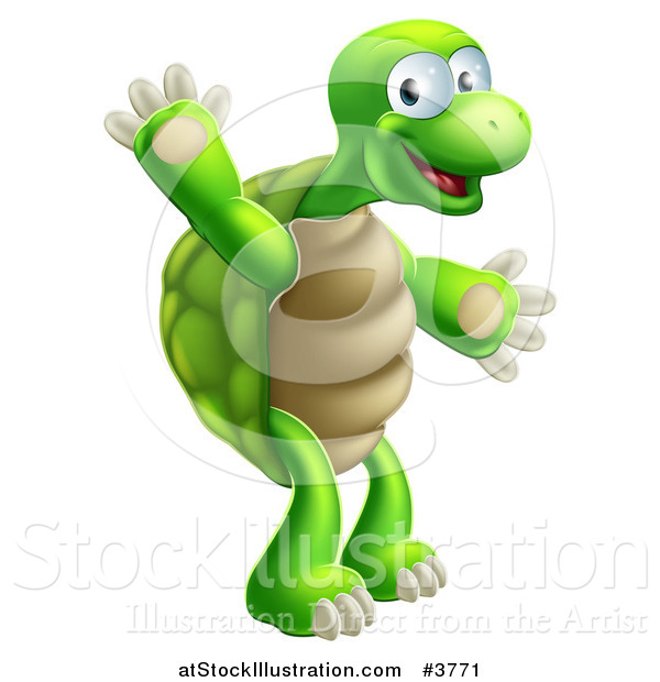 Vector Illustration of a Happy Green Tortoise Standing and Waving