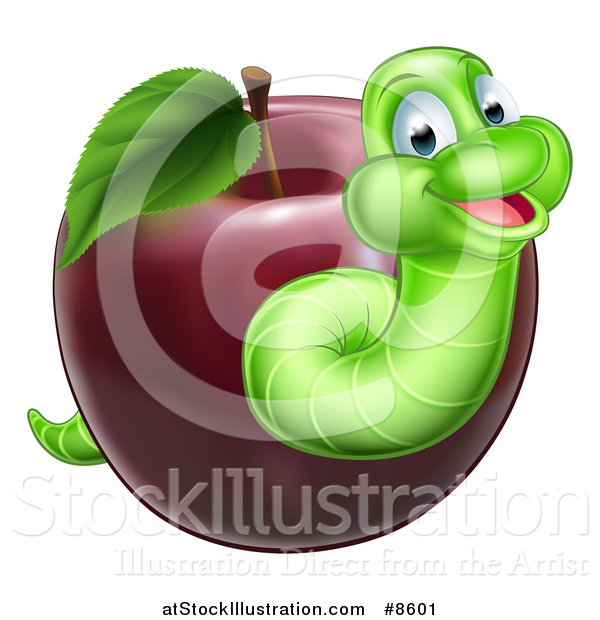 Vector Illustration of a Happy Green Worm Emerging from a Red Apple