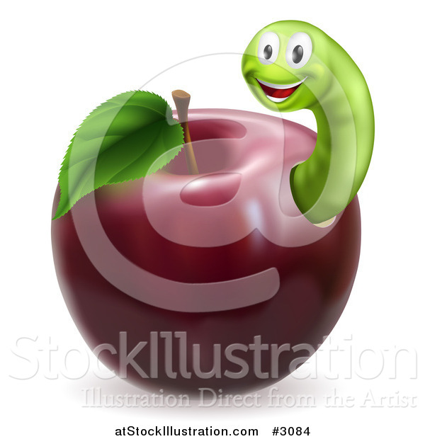 Vector Illustration of a Happy Green Worm in a Red Apple