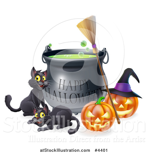 Vector Illustration of a Happy Halloween Cauldron with Black Cats a Broomstick and Jackolanterns