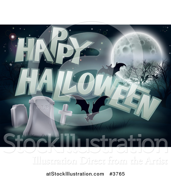 Vector Illustration of a Happy Halloween Greeting with Bats a Full Moon and Tombstones