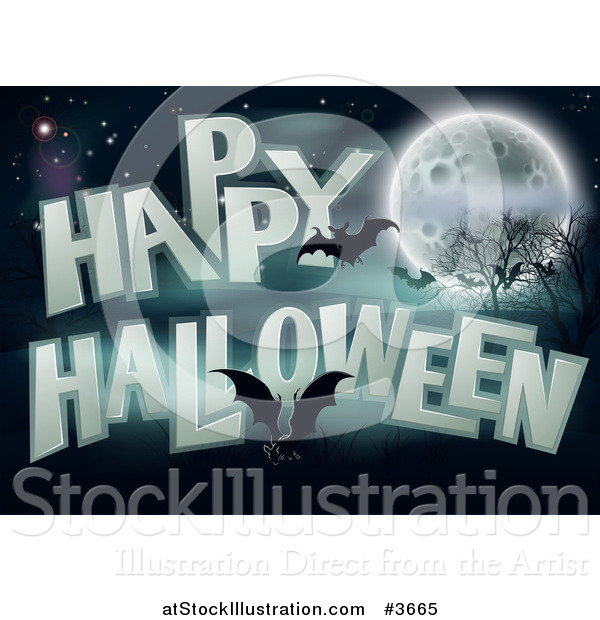 Vector Illustration of a Happy Halloween Greeting with Bats a Full Moon Bare Trees and Night Sky