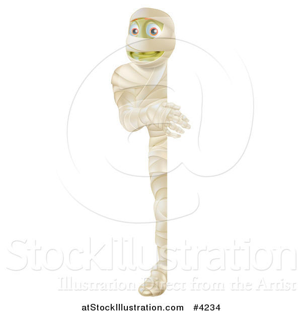 Vector Illustration of a Happy Halloween Mummy Looking Around a Sign Board