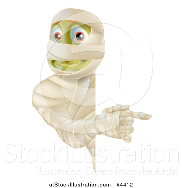 Vector Illustration of a Happy Halloween Mummy Looking Around and Pointing to a Sign