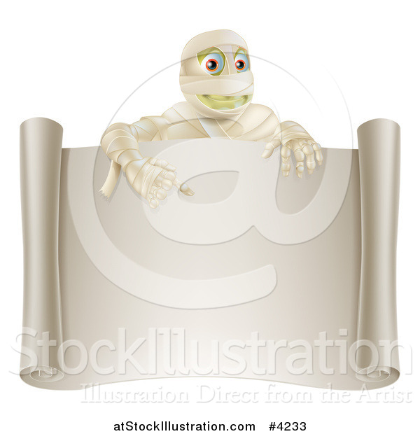 Vector Illustration of a Happy Halloween Mummy Pointing down to a Blank Scroll Sign