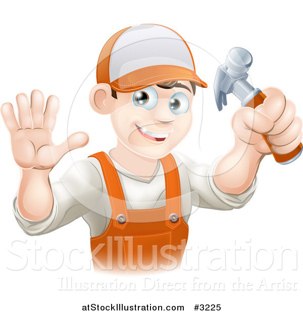 Vector Illustration of a Happy Handy Man Holding a Hammer and Waving