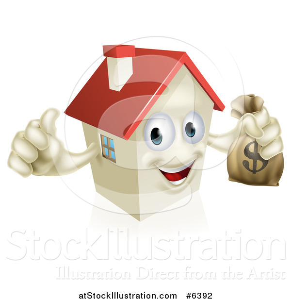 Vector Illustration of a Happy House Character Holding a Thumb up and a Dollar Money Bag