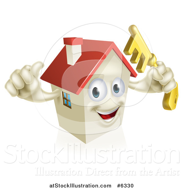Vector Illustration of a Happy House Character Holding a Thumb up and a Key