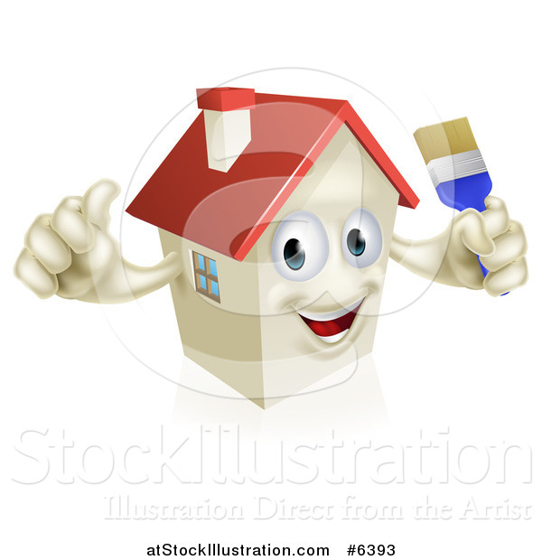 Vector Illustration of a Happy House Character Holding a Thumb up and a Paintbrush