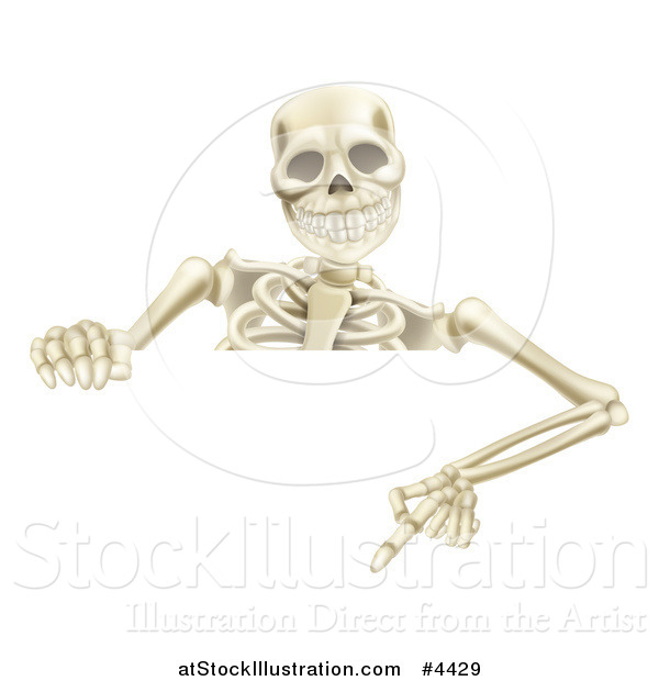 Vector Illustration of a Happy Human Skeleton Pointing down to a Halloween Sign