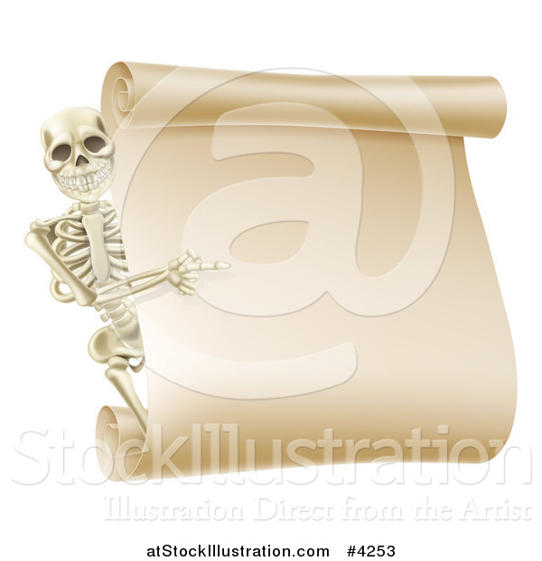 Vector Illustration of a Happy Human Skeleton Pointing to a Blank Scroll Sign