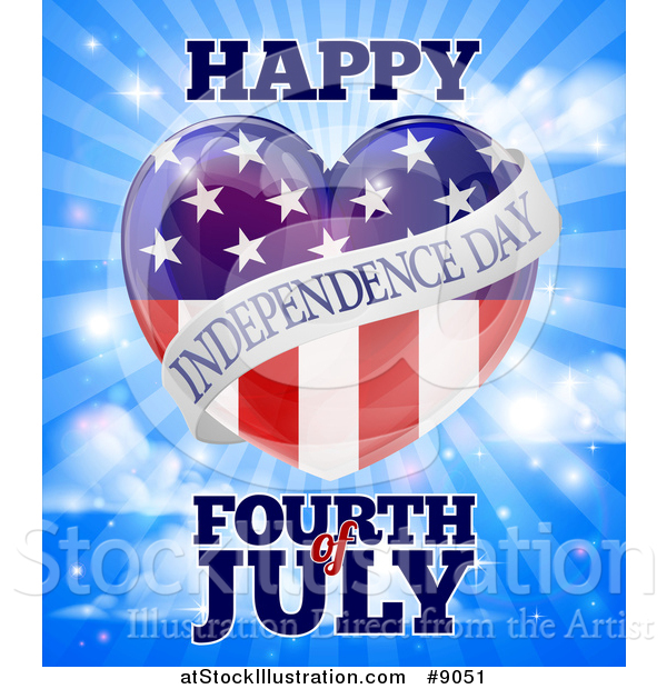 Vector Illustration of a Happy Independence Day Fourth of July American Flag Heart over Rays in a Sky