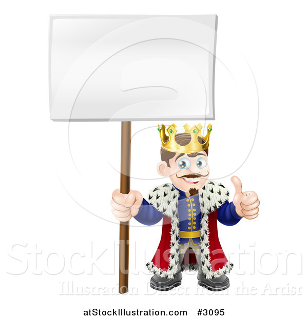 Vector Illustration of a Happy King Holding a Thumb up and a Sign