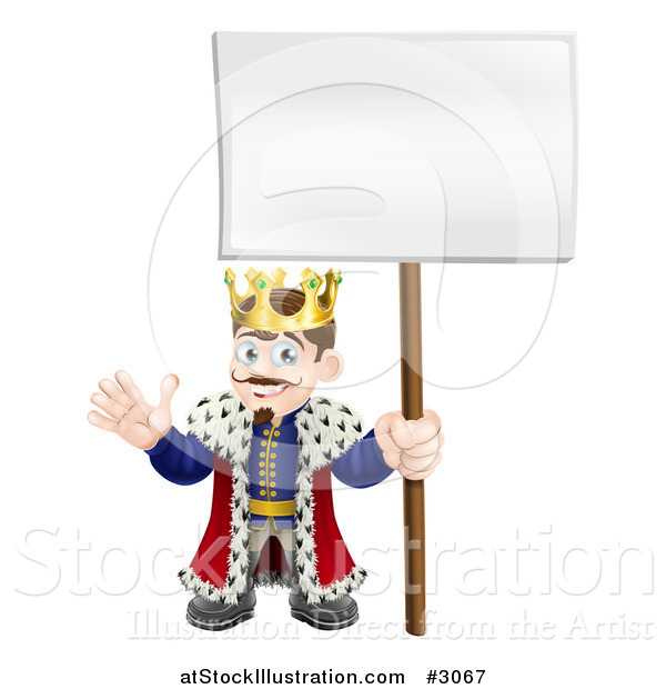 Vector Illustration of a Happy King Waving and Holding a Sign