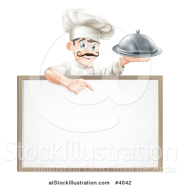 Vector Illustration of a Happy Male Chef Holding a Platter and Pointing down at a White Board