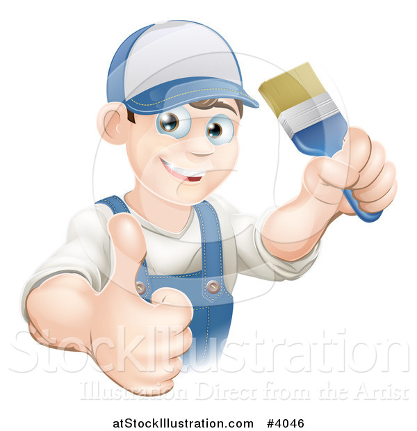 Vector Illustration of a Happy Male House Painter Holding a Brush and a Thumb up