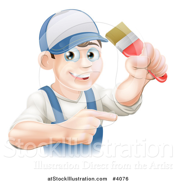Vector Illustration of a Happy Male House Painter Holding a Brush and Pointing