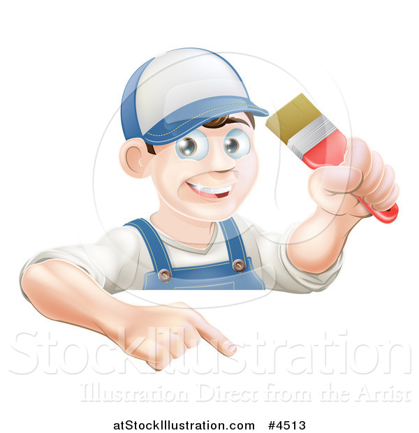 Vector Illustration of a Happy Male House Painter Holding a Brush and Pointing down to a Sign