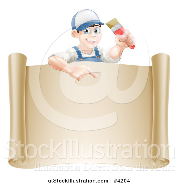 Vector Illustration of a Happy Male House Painter Holding a Brush and Pointing over a Scroll Sign