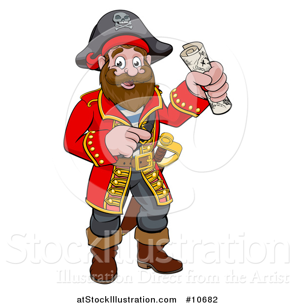 Vector Illustration of a Happy Male Pirate Captain Holding a Treasure Map and Pointing