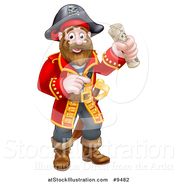 Vector Illustration of a Happy Male Pirate Captain Holding a Treasure Map and Pointing