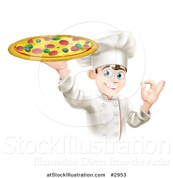 Vector Illustration of a Happy Male Pizza Chef Gesturing Ok and Holding up a Pie