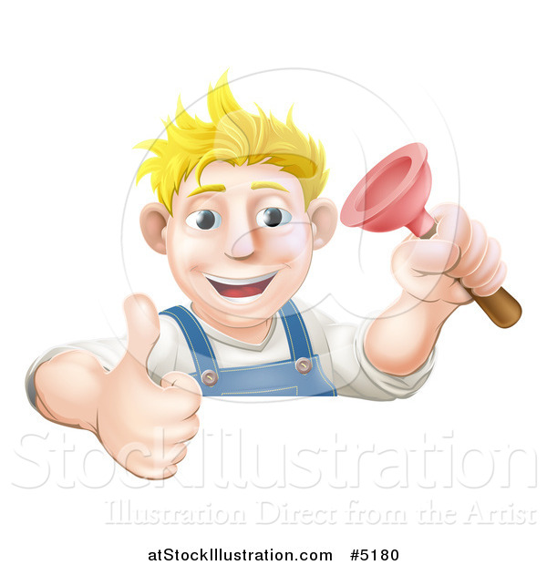 Vector Illustration of a Happy Male Plumber Holding a Thumb up and Plunger over a Sign