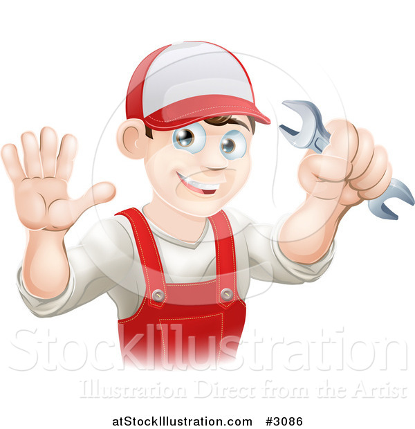 Vector Illustration of a Happy Male Plumber Waving and Holding a Wrench