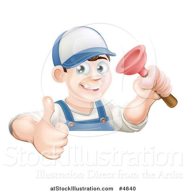 Vector Illustration of a Happy Male Plumber Wearing a Hat, Holding a Thumb up and Plunger
