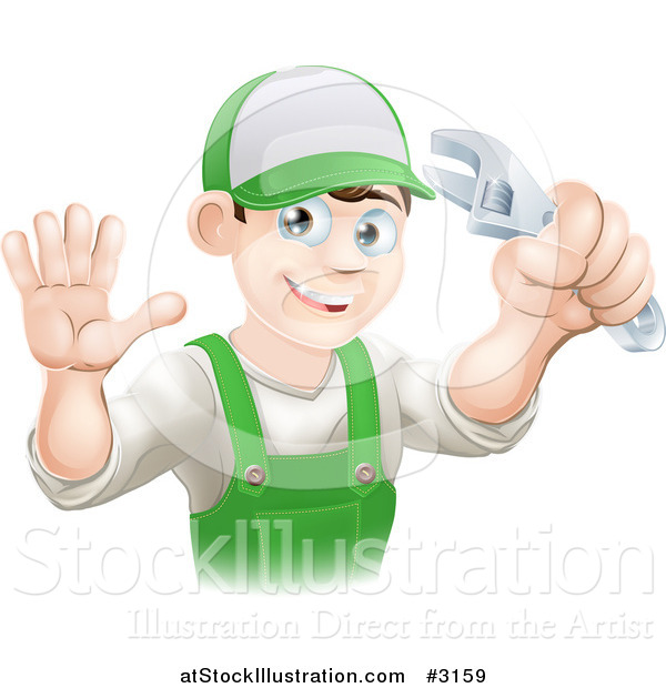 Vector Illustration of a Happy Male Worker Waving and Holding a Wrench