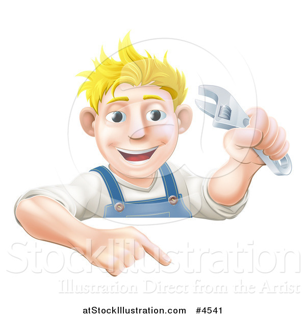 Vector Illustration of a Happy Mechanic Man Holding a Spanner Wrench and Pointing down to a Sign