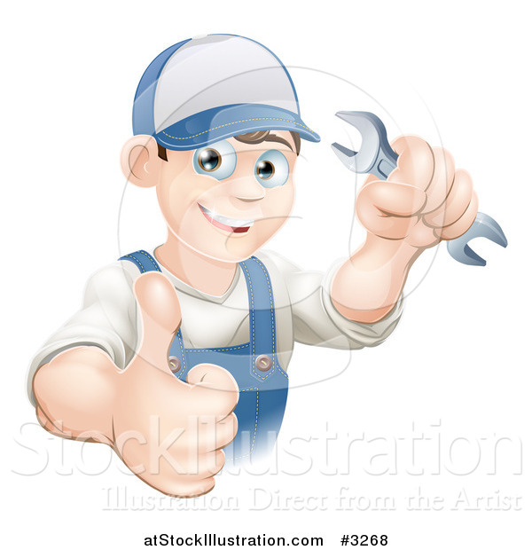 Vector Illustration of a Happy Mechanic Plumber or Handy Man Worker Holding a Thumb up and a Wrench