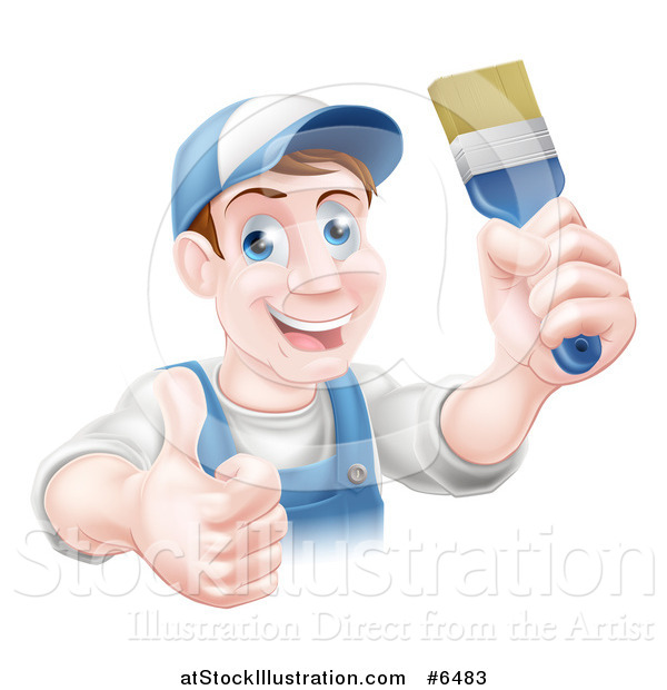 Vector Illustration of a Happy Middle Aged Brunette Caucasian Male House Painter Holding a Brush and a Thumb up