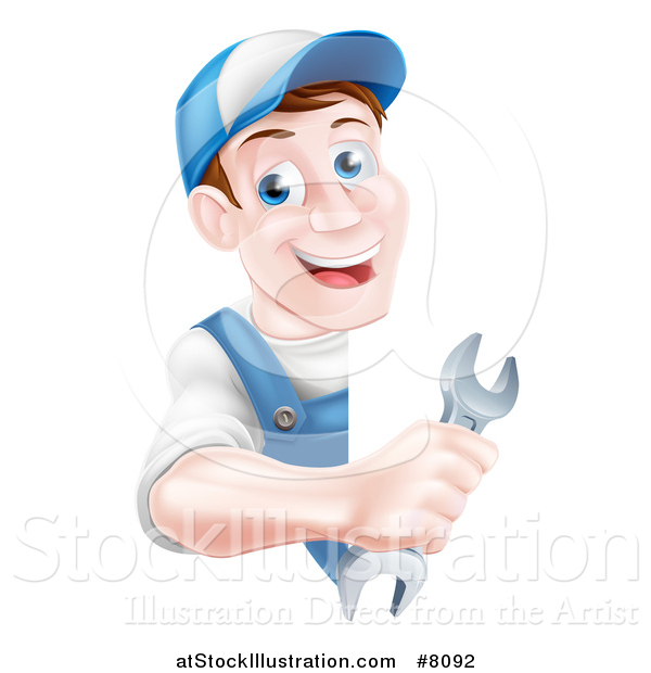Vector Illustration of a Happy Middle Aged Brunette Caucasian Mechanic Man in Blue, Wearing a Baseball Cap, Holding a Wrench Around a Sign