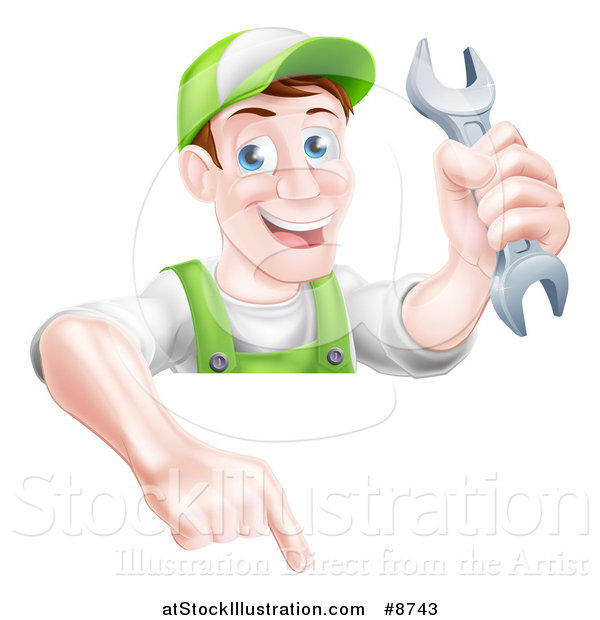 Vector Illustration of a Happy Middle Aged Brunette Caucasian Mechanic Man in Green, Wearing a Baseball Cap, Holding a Wrench and Pointing down over a Sign