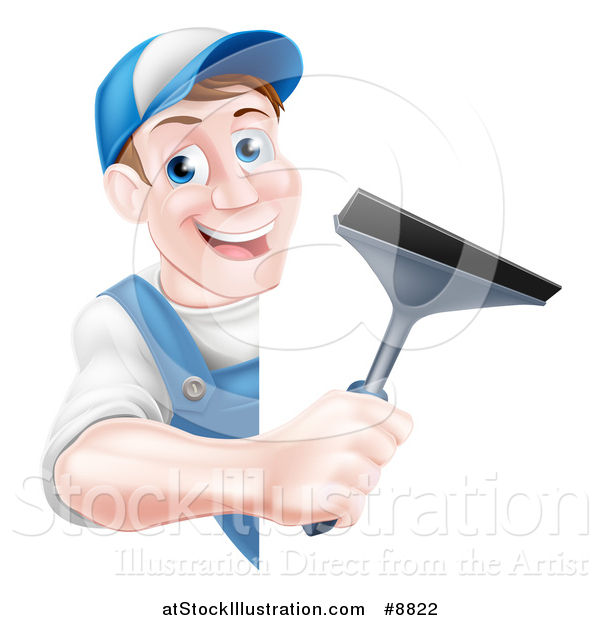 Vector Illustration of a Happy Middle Aged Brunette Caucasian Window Cleaner Man in Blue, Holding a Squeegee Around a Sign