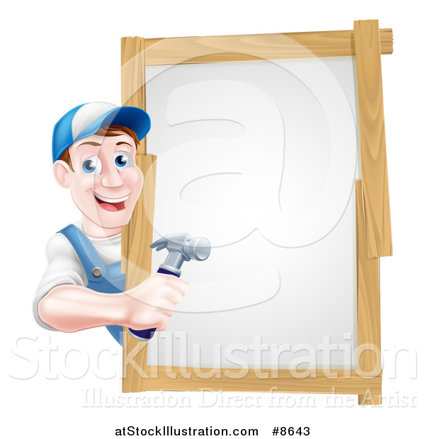 Vector Illustration of a Happy Middle Aged Brunette Caucasian Worker Man Holding a Hammer Around a Sign