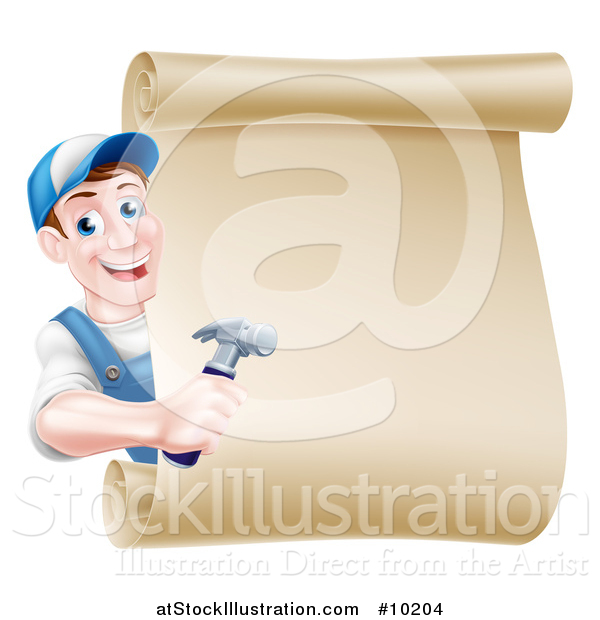 Vector Illustration of a Happy Middle Aged Brunette Caucasian Worker Man Wearing a Baseball Cap, Holding a Hammer and Looking Around a Scroll Sign