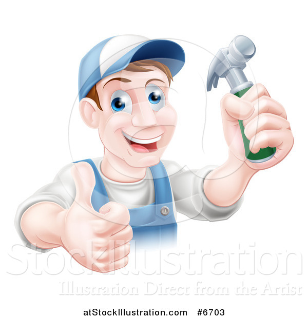 Vector Illustration of a Happy Middle Aged Brunette Caucasian Worker Man Wearing a Baseball Cap, Holding a Hammer and Thumb up