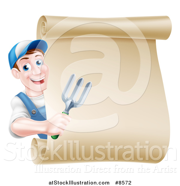 Vector Illustration of a Happy Middle Aged Brunette White Male Gardener in Blue, Holding a Garden Fork Around a Scroll Sign