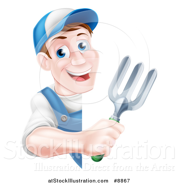 Vector Illustration of a Happy Middle Aged Brunette White Male Gardener in Blue, Holding a Garden Fork Around a Sign