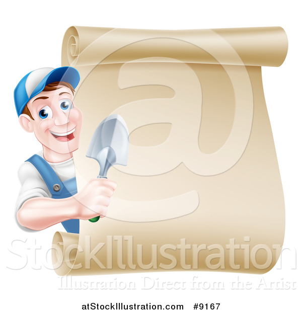 Vector Illustration of a Happy Middle Aged Brunette White Male Gardener in Blue, Holding a Hand Spade Shovel Around a Blank Scroll Sign